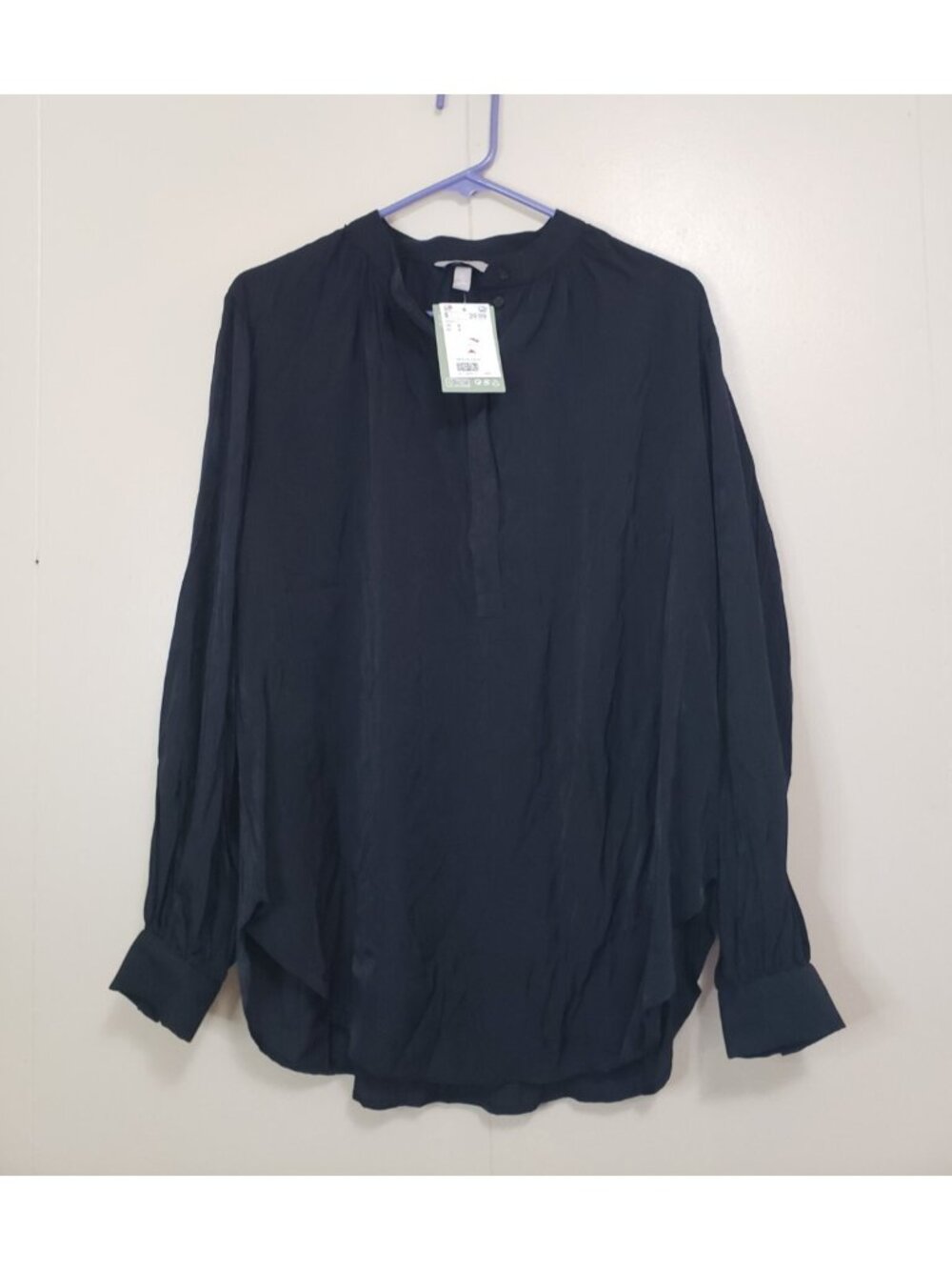 H&M Women S Blouse Solid Black Silky Band Collar Dressy Chic Oversize Office NWT